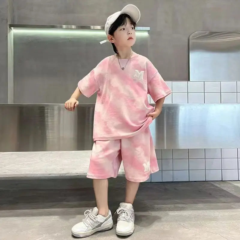 Korean Summer 2pcs green Set 2025 leisure girl Children t-shirt shorts kids clothes boys set