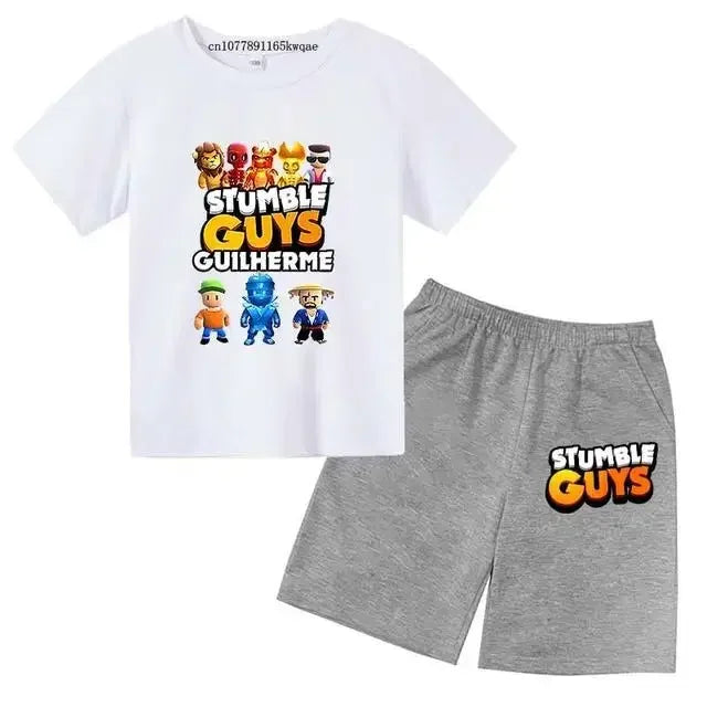 Summer 2pcs Guys Short Sleeve T-shirts+Pants Suits 3-13 Years Boys Girls Outfits Children  Kids Funny Game Print Stumble Clothes