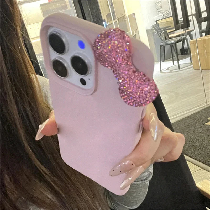 Luxury Rhinestone Bow Litchi Pattern Leather Phone Case For iPhone 17 16 15 14 13 12 11 Pro Max X XS Plus Soft Shockproof Cover