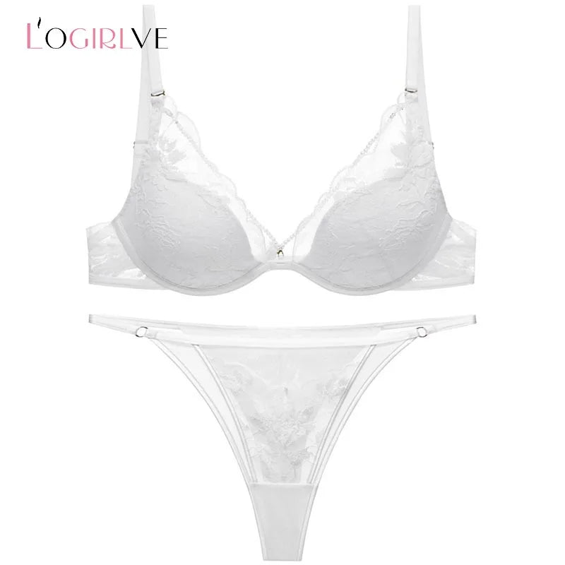 Logirlve French Thin Women Lingerie Set Sexy Satin Lace Splicing Comfort Bras Print Temptation Bra and Thong Sets Underwear