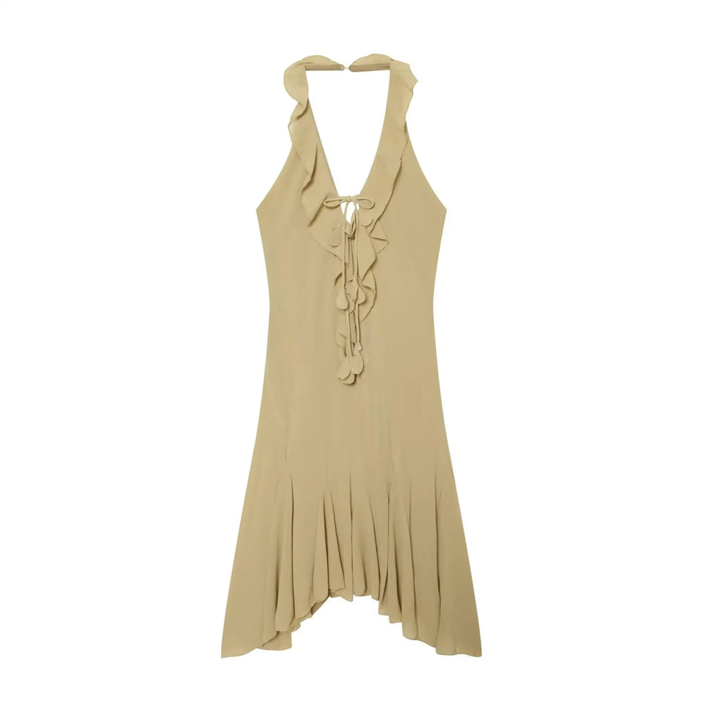 TFMLN Women Short Dress Halter Low-Neck Irregular Sleeveless Ruffles Hem Backless Vacation Mini Bodycon Dress Summer New