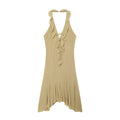TFMLN Women Short Dress Halter Low-Neck Irregular Sleeveless Ruffles Hem Backless Vacation Mini Bodycon Dress Summer New