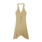 TFMLN Women Short Dress Halter Low-Neck Irregular Sleeveless Ruffles Hem Backless Vacation Mini Bodycon Dress Summer New