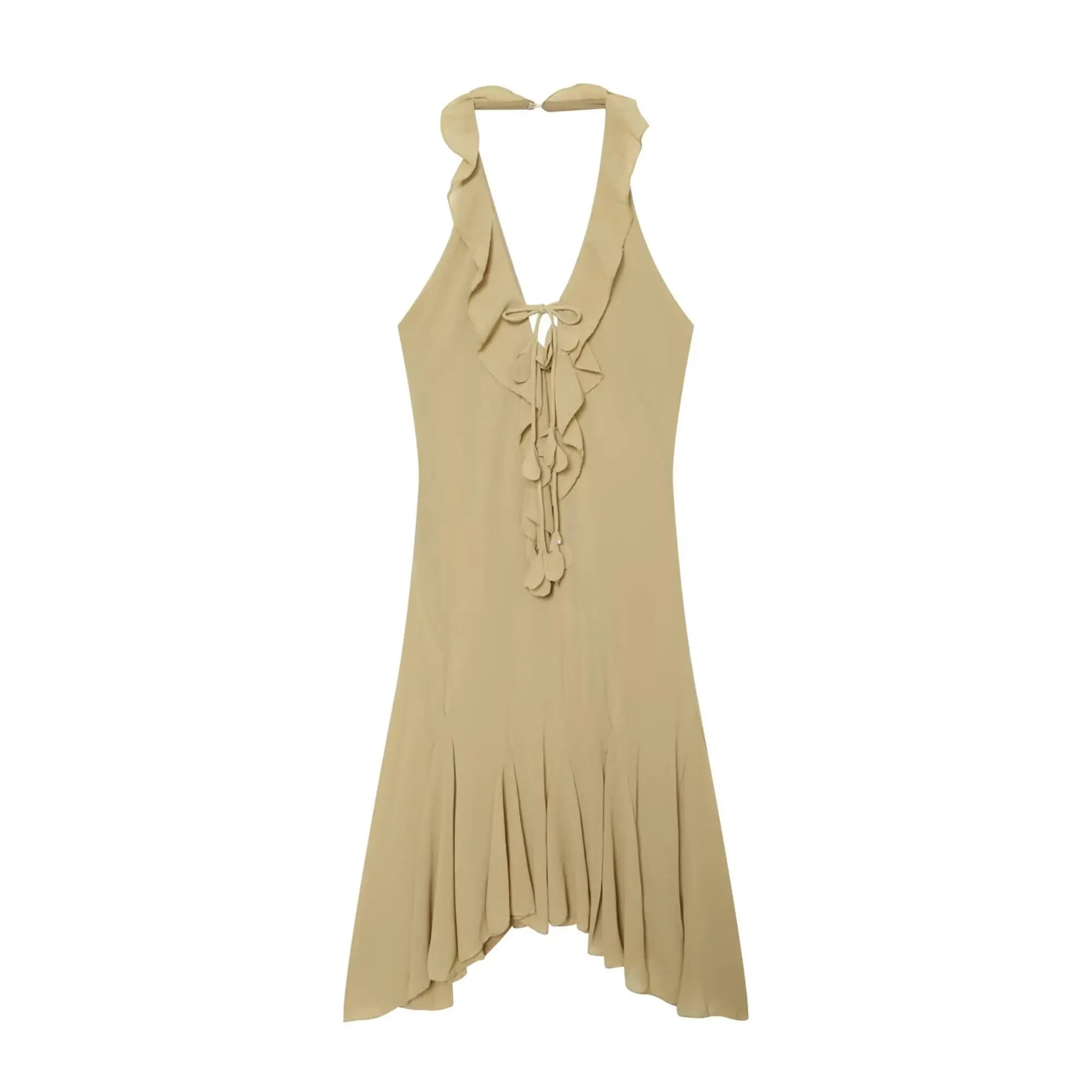 TFMLN Women Short Dress Halter Low-Neck Irregular Sleeveless Ruffles Hem Backless Vacation Mini Bodycon Dress Summer New