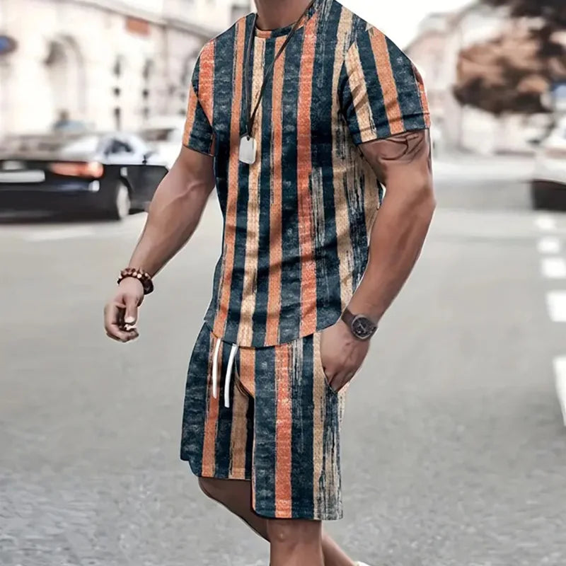 2024 Fashion Men's Sportswear Short Sleeve T Shirt And Sports Shorts Summer Casual Vintage Patchwork Suit Men's Two Piece Suit