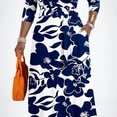 Plus Size Women's Pullover Sexy V Neck  3/4 Sleeve  Loose Long for Women Fashion Printed Summer  Casual Maxi Dresses With Pocket