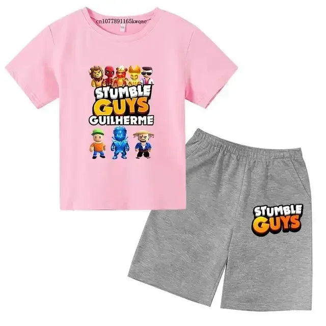 Summer 2pcs Guys Short Sleeve T-shirts+Pants Suits 3-13 Years Boys Girls Outfits Children  Kids Funny Game Print Stumble Clothes