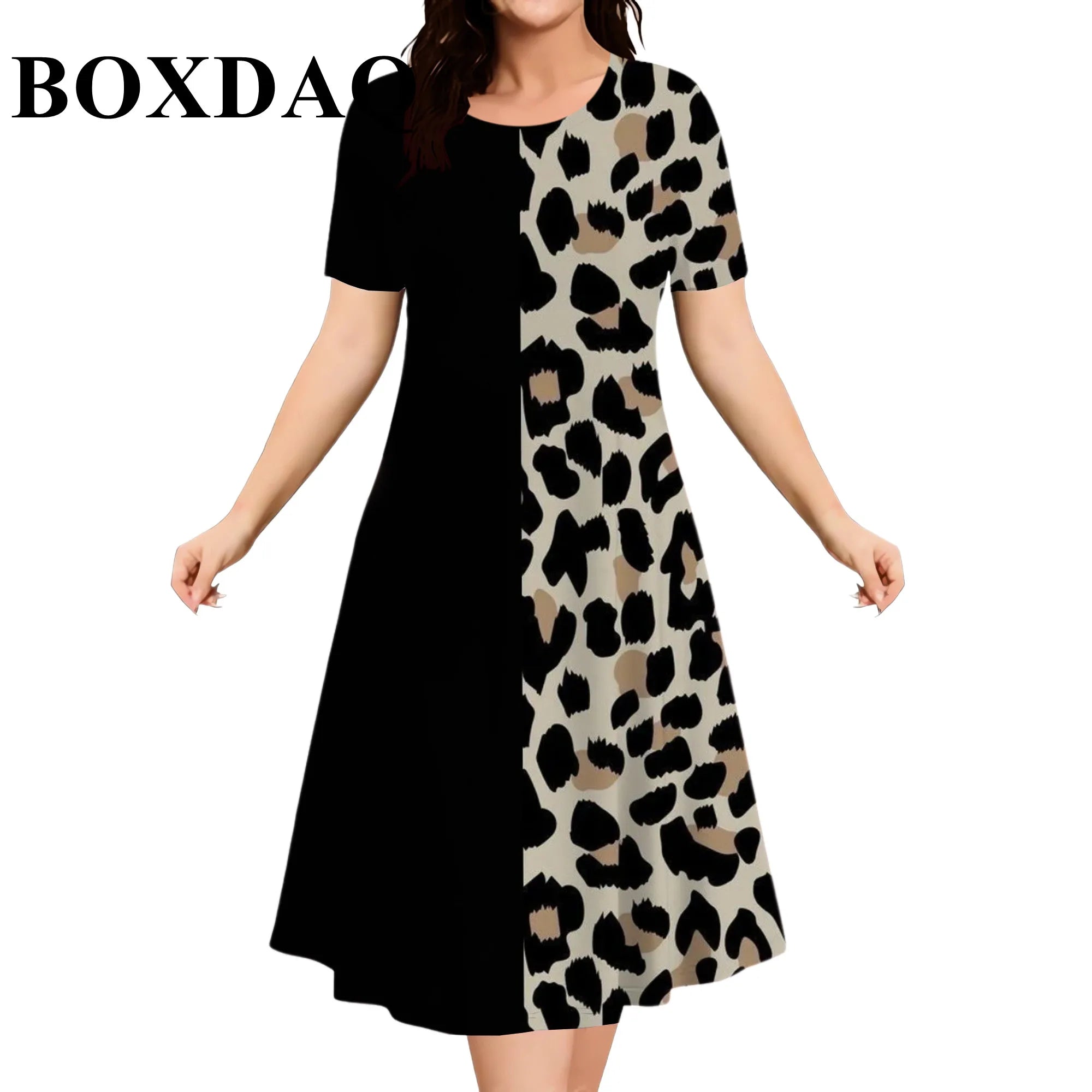 Elegant Fashioin Leopard Print Short Sleeve Dresses For Women 2026 Summer Casual Loose O-Neck A-Line Dress Plus Size 6XL Clothes