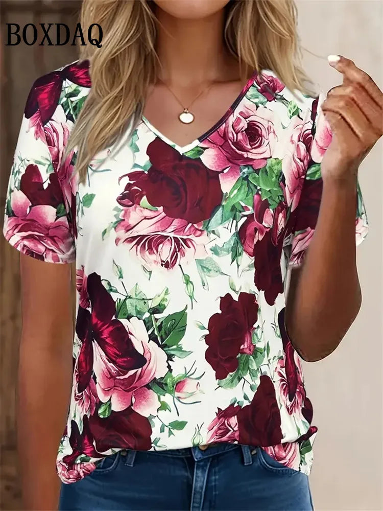 Summer Women Plus Size T Shirts 8XL Large Size Tops Casual V-Neck Short Sleeeve Loose Shirts Vintage Tie Dye Print Pullover Tops