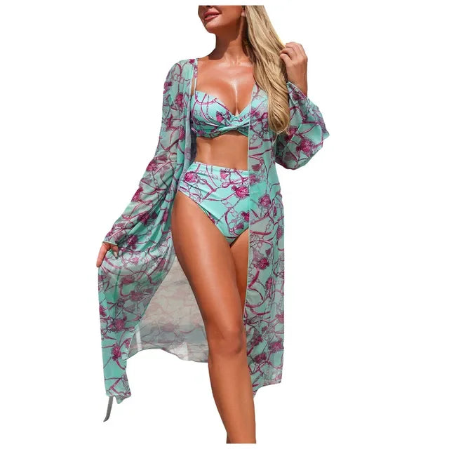 Womens High Waisted Bikini Sets Sporty Three Piece Swimsuits Color Block High Cut Bathing Suits New High Elastic Bikini Set