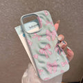 Pink Bow Print Mint Green Wavy Matte Phone Case For iPhone 16 Pro Case iPhone 17 14 11 13 12 15 Pro Max 16e Cover Funda