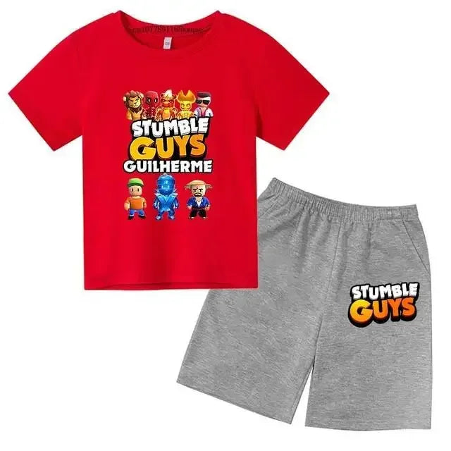 Summer 2pcs Guys Short Sleeve T-shirts+Pants Suits 3-13 Years Boys Girls Outfits Children  Kids Funny Game Print Stumble Clothes