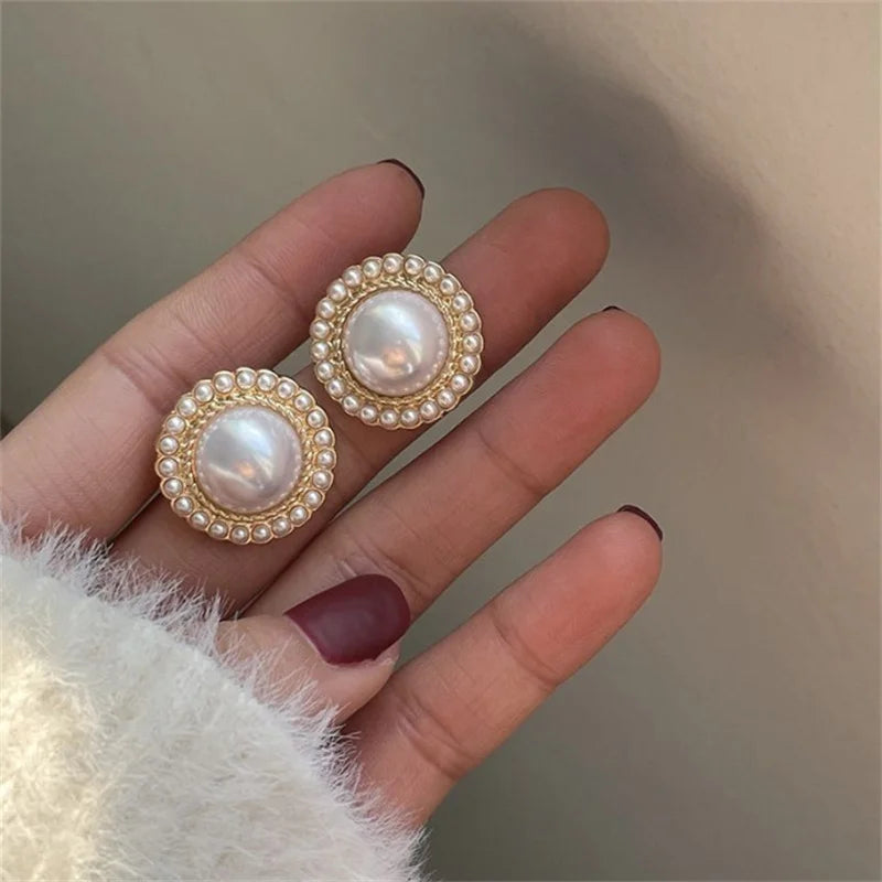 Trending Imitation Pearl Circle Stud Earrings For Woman New In 2025 Fashion Party Round Elegant Korean Earring Jewelry Wholesale
