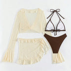 2026 Sexy Four-piece Women Swimsuit Long-sleeve Cover-up Swimwear Summer Solid Bikini Set Brazilian Beachwear Party bathing suit