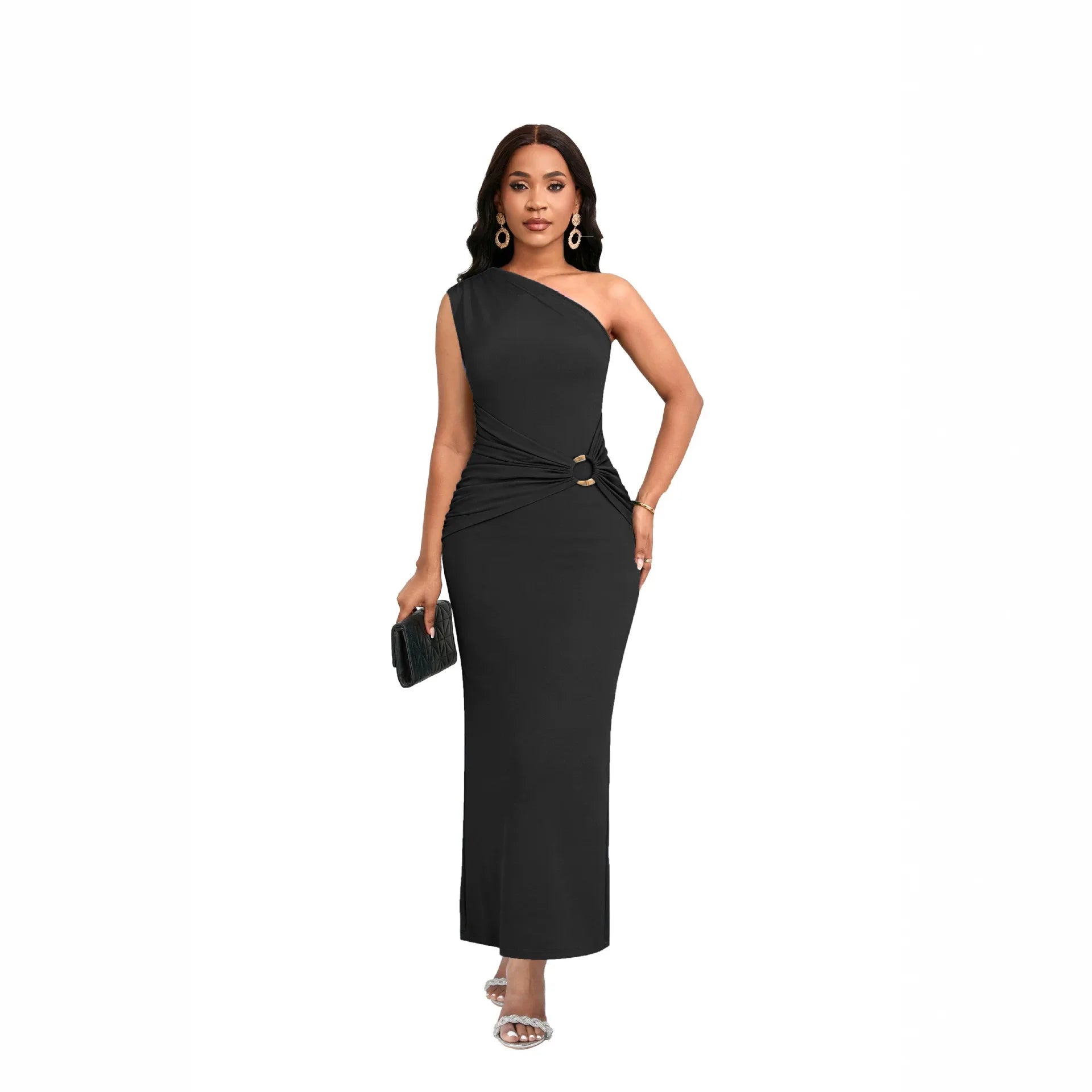 High end luxury crossover single shoulder wrap skirt with metal accessories suitable for women's elegant satin high waist figure