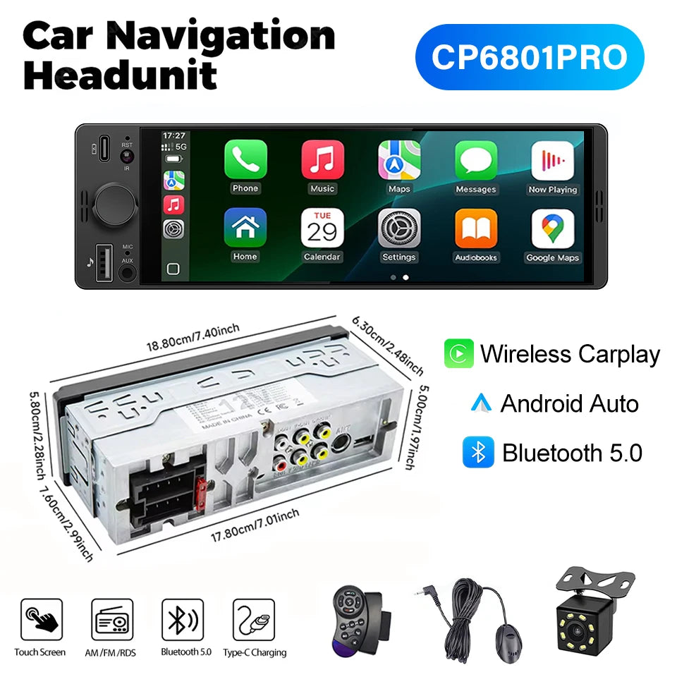 1DIN 6.86inch Universal MP5 Car Radio Support Wireless Carplay Android AUTO AUX USB BT Touch Screen Multimedia Video Player