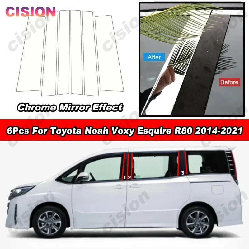 Glossy Chrome Mirror Effect Car Door Window Middle Column Center B C Pillars Post Cover Trim PC Sticker For Toyota Noah Voxy R80