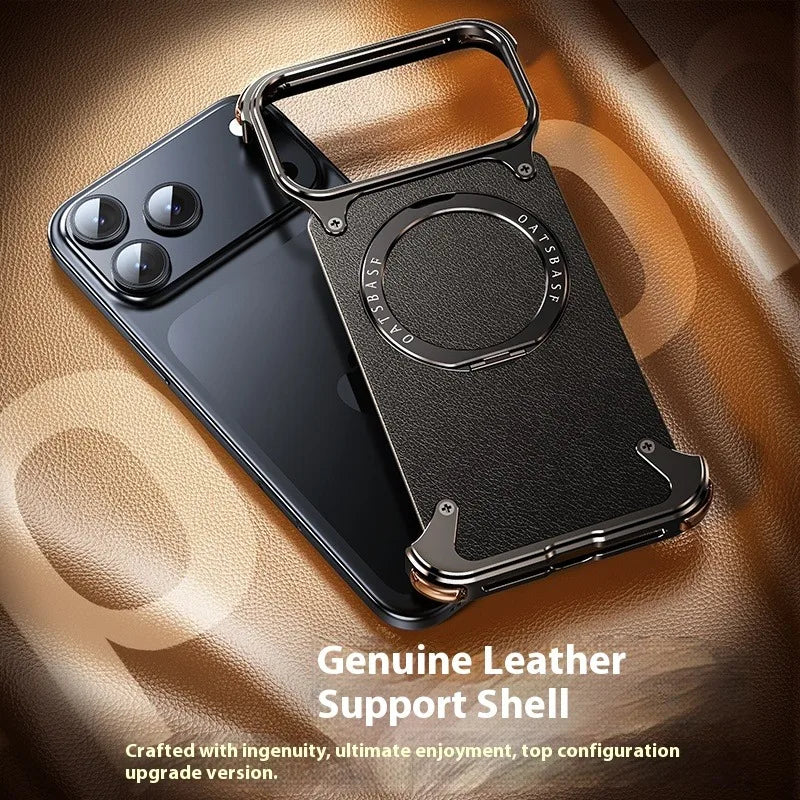 Eary for iPhone 17 Pro Max Air Phone Case Genuine Leather for Magsafe Frameless Shell 360°Rotate Magnetic Stand Anti-Drop Cover