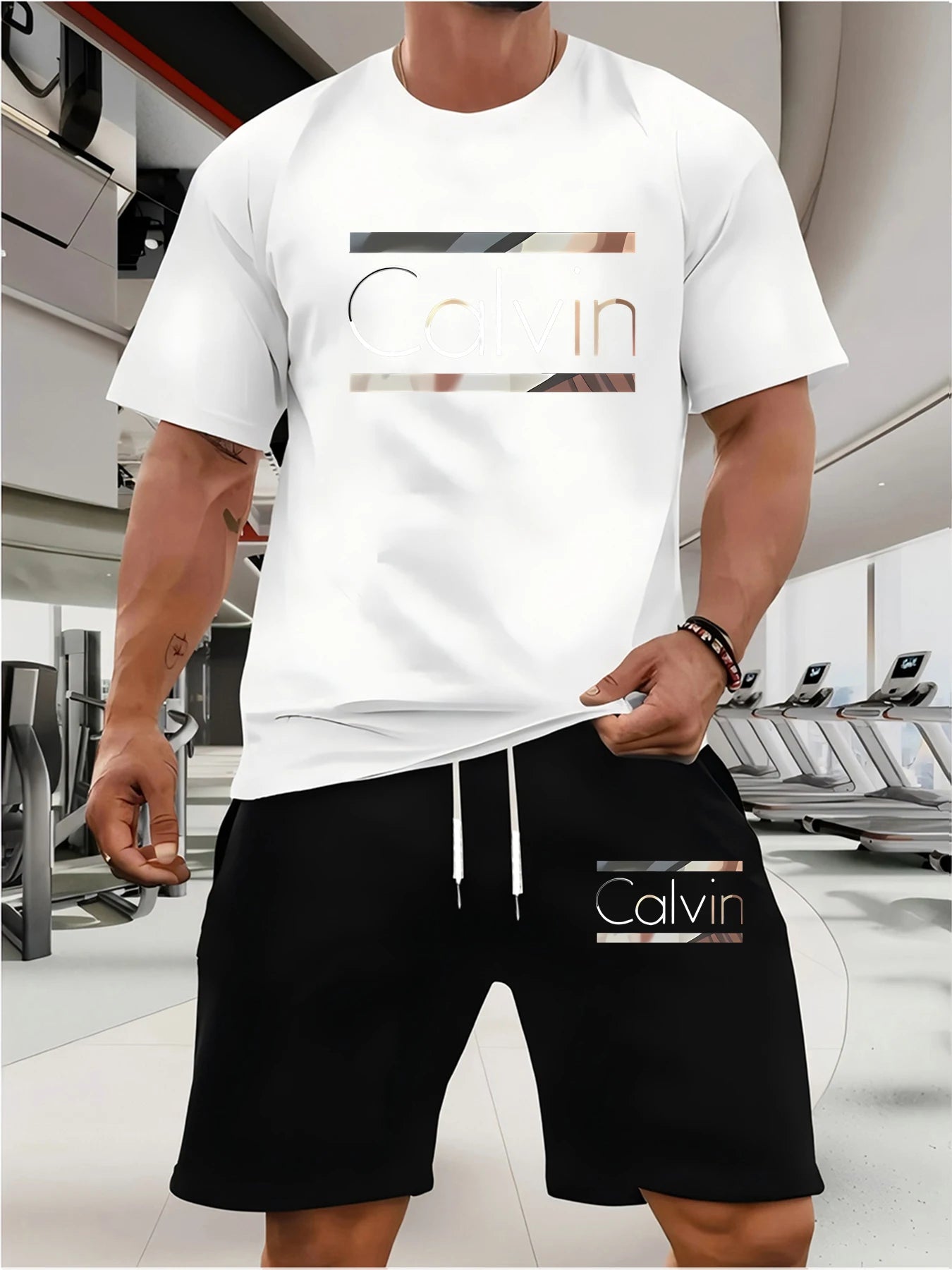 CALVIN summer men women new casual sports suit Fashion breathable outdoor short-sleeved T-shirt + training shorts two-piece set