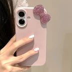 Luxury Rhinestone Bow Litchi Pattern Leather Phone Case For iPhone 17 16 15 14 13 12 11 Pro Max X XS Plus Soft Shockproof Cover