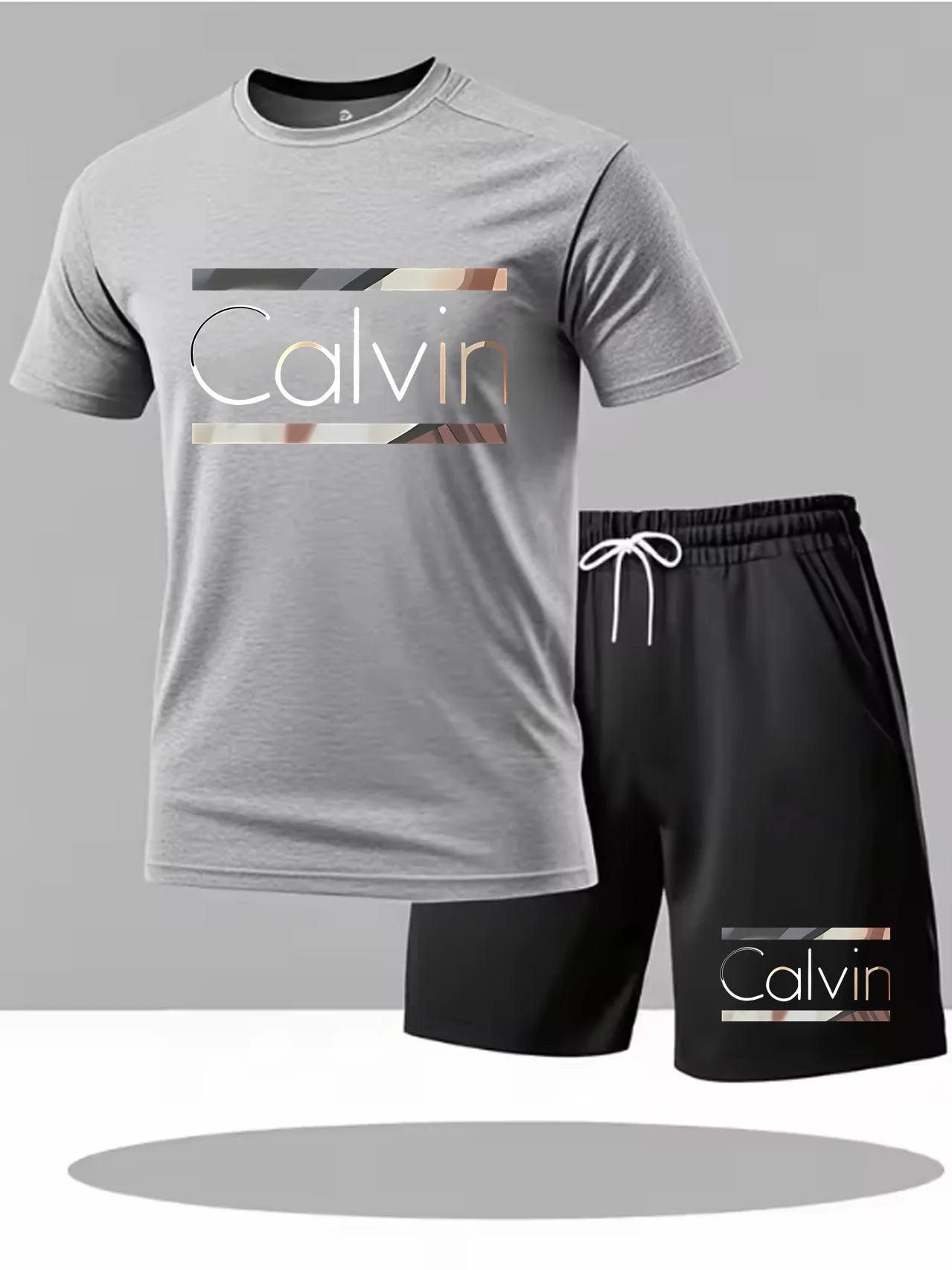 calvin  Men's new fashion summer sports printing crew-neck Mesh surface T-shirt shorts short-sleeved suit Loose two-piece set