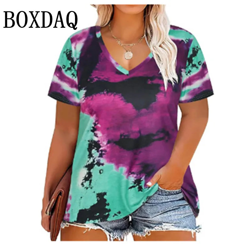 Trendy Plus Size Women's Tie-Dye V-Neck T-Shirt Fashion Short Sleeve Loose Pullover Tops For Casual Summer Wear Large Size Tees