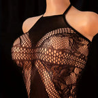 Lace Bra One-Piece Set Crotchless Lingerie Women's Curve Jumpsuit Hot Open Bras Body Stockings Halter Neck See-through Underwear