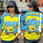 Cartoon SpongeBob Print T-shirts For Women Summer V-Neck Patchwork Short Sleeve Sports Football Jersey Y2K Loose Oversized Tops