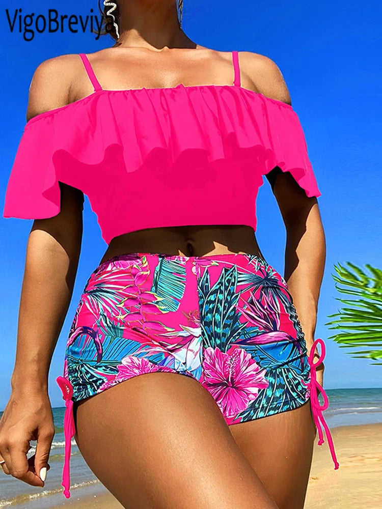 VigoBreviya 2026 Print Off Shoulder Strapped Swimwear Women Push Up High Waist Bikini Sexy Backless Swimsuit Summer Bathing Suit