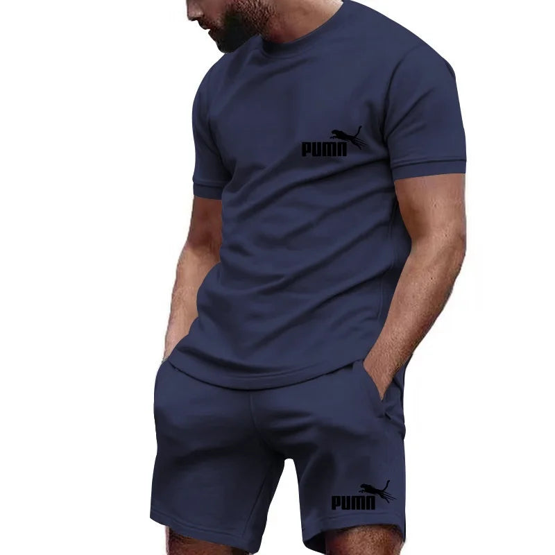 2026 new summer men's T-shirt+shorts set printed fashionable casual round neck pullover breathable running sports shorts