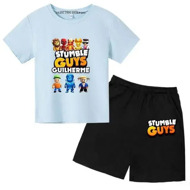 Summer 2pcs Guys Short Sleeve T-shirts+Pants Suits 3-13 Years Boys Girls Outfits Children  Kids Funny Game Print Stumble Clothes