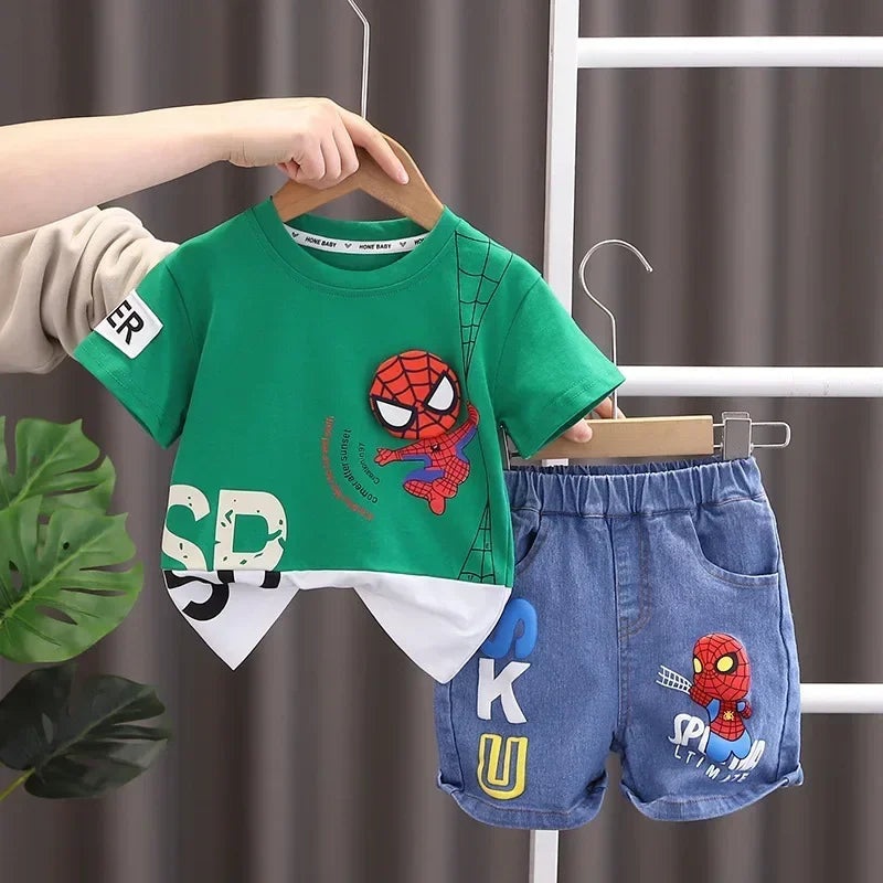 2025 Summer Baby Boys Spiderman Short Sleeve T-shirt+Jeans Sets Clothes Kids Fashion Clothing Outfits Children Sports Suits