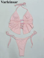S - XL Wrinkled Bikini Halter Tankini Female Swimsuit Women Swimwear Two-pieces Bikini set Padded Bather Bathing Suit Swim V7819