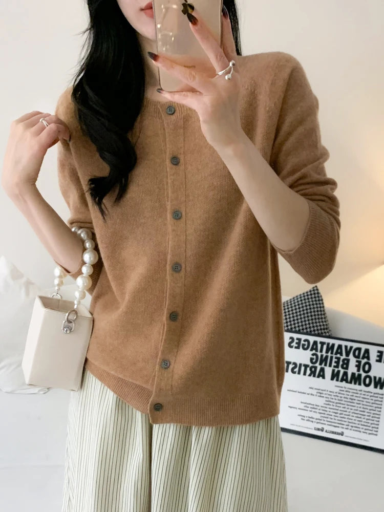 100% Merino Wool Knitwear Autumn Winter Grace Solid Color Basics Cardigan Soft Warm Casual O-Neck Sweater Woman Clothing Tops