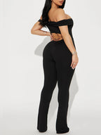 Women's sexy slim fit strapless backless tight solid color sports pants jumpsuit