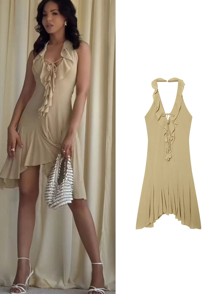 TFMLN Women Short Dress Halter Low-Neck Irregular Sleeveless Ruffles Hem Backless Vacation Mini Bodycon Dress Summer New