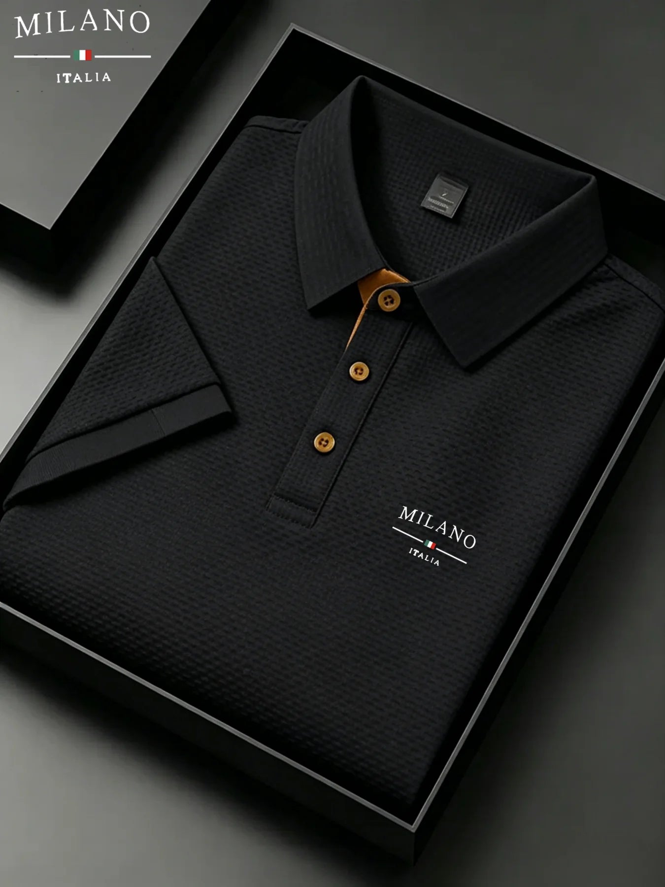 mens milano italia letter jacquard polo shirt breathable quick dry fabric casual business outdoor daily short sleeve top