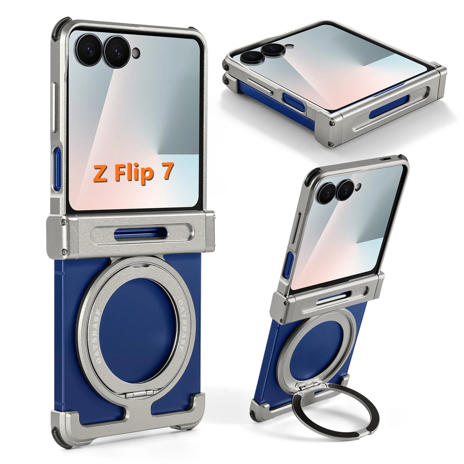 Eary Aluminum Metal Case for Samsung Galaxy Z Flip 7 with 360°Rotate Magnetic Ring Stand Ultra-Thin Slim Shells Shockproof Cover