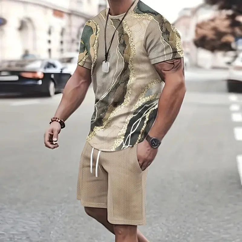 2024 Fashion Men's Sportswear Short Sleeve T Shirt And Sports Shorts Summer Casual Vintage Patchwork Suit Men's Two Piece Suit