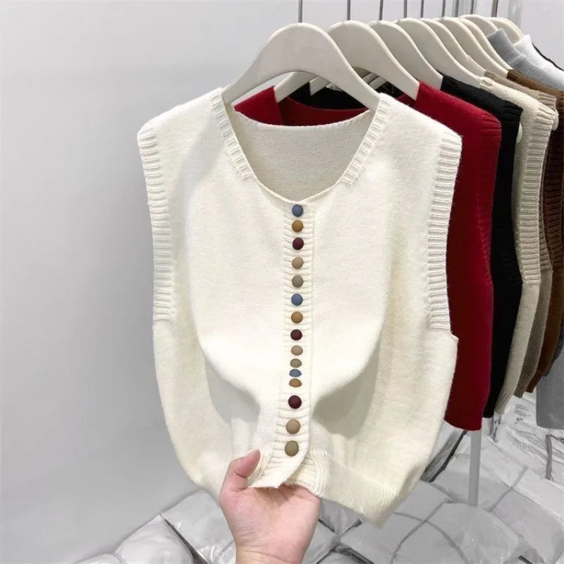 Sweater Vest Autumn Women Rainbow Single-breasted Button Soft Sweater Loose Knit Vest V-neck Knitwear Cardigan Lady Waistcoats