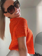 Sequin Knitted Women Top Coat Halter Vest Bead Round Neck Slim Fit Cardigan Short Blouse Knitwear Fashion Suspender Sweater Tank