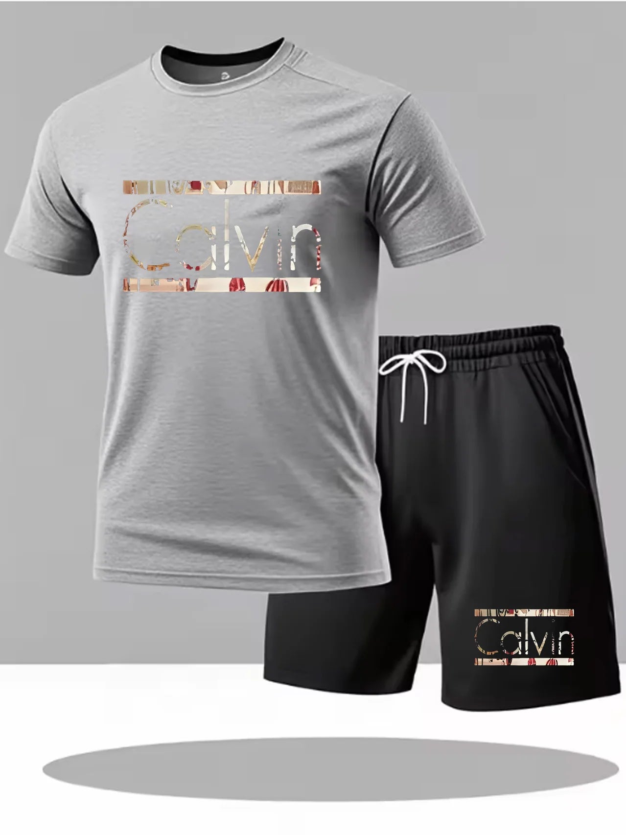 calvin  Men's new fashion summer sports printing crew-neck Mesh surface T-shirt shorts short-sleeved suit Loose two-piece set