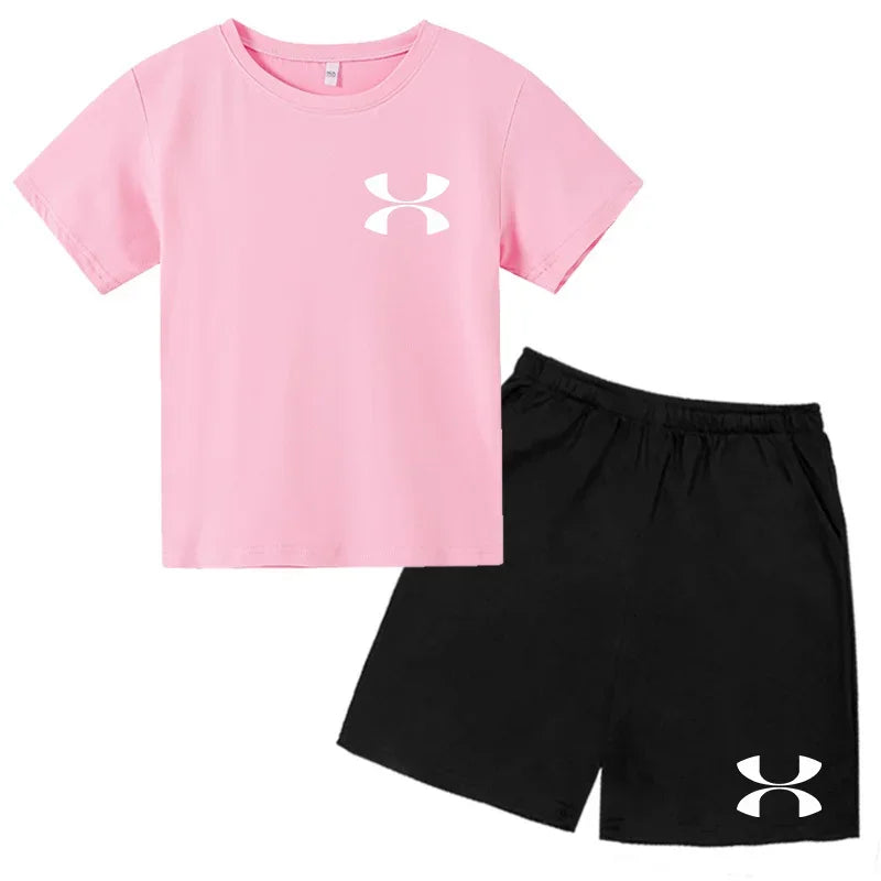 Casual t-shirt Set Kids  Fashion Two-Piece  Summer Sports Short-Sleeved Boy Girl 3-13Yrs  T-shirt +Shorts