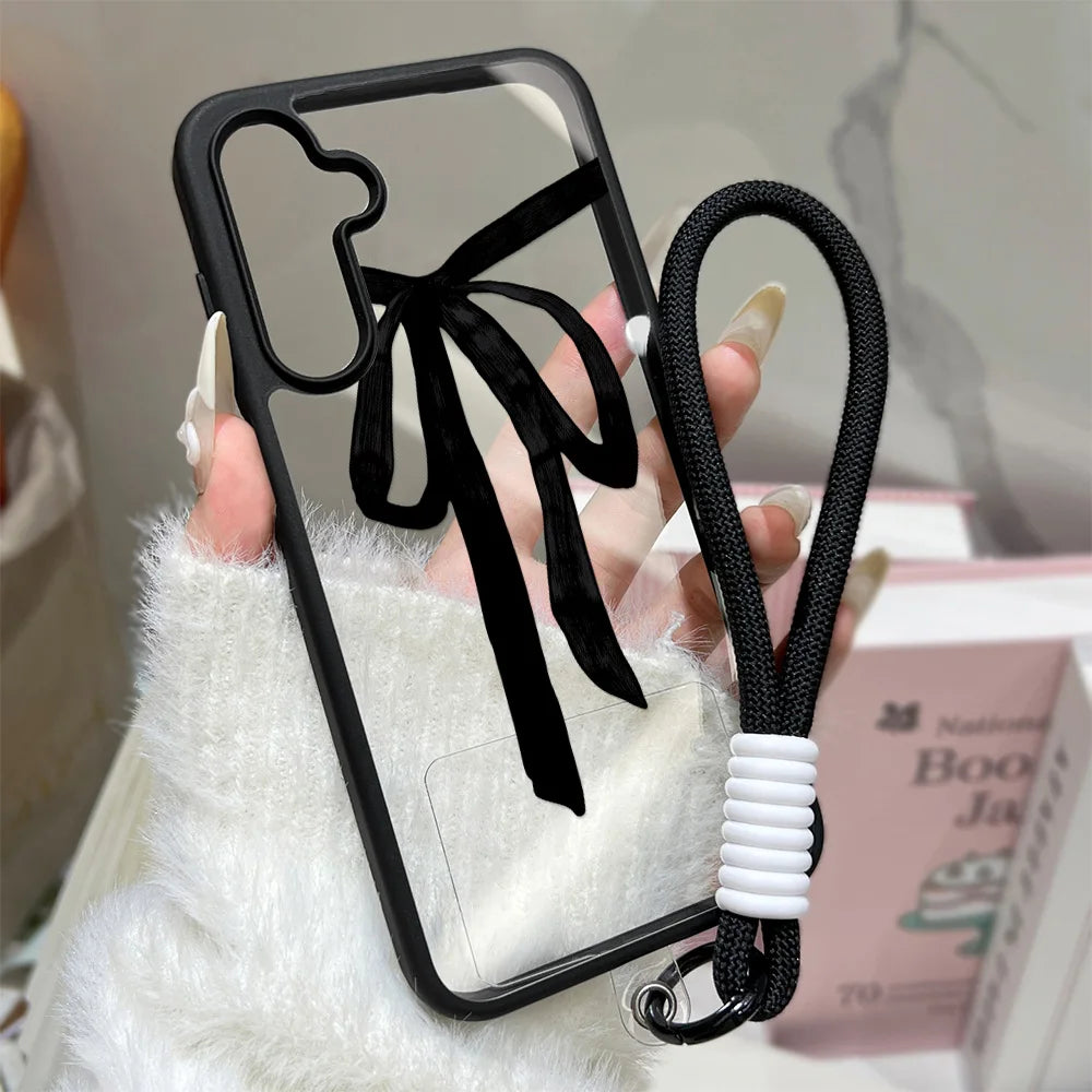 Black Bowknot Phone Case For Samsung Galaxy S26 Ultra Case A16 A56 5g A17 A55 A54 A36 A07 A06 S25 Ultra S24 FE S23 Lanyard Cover