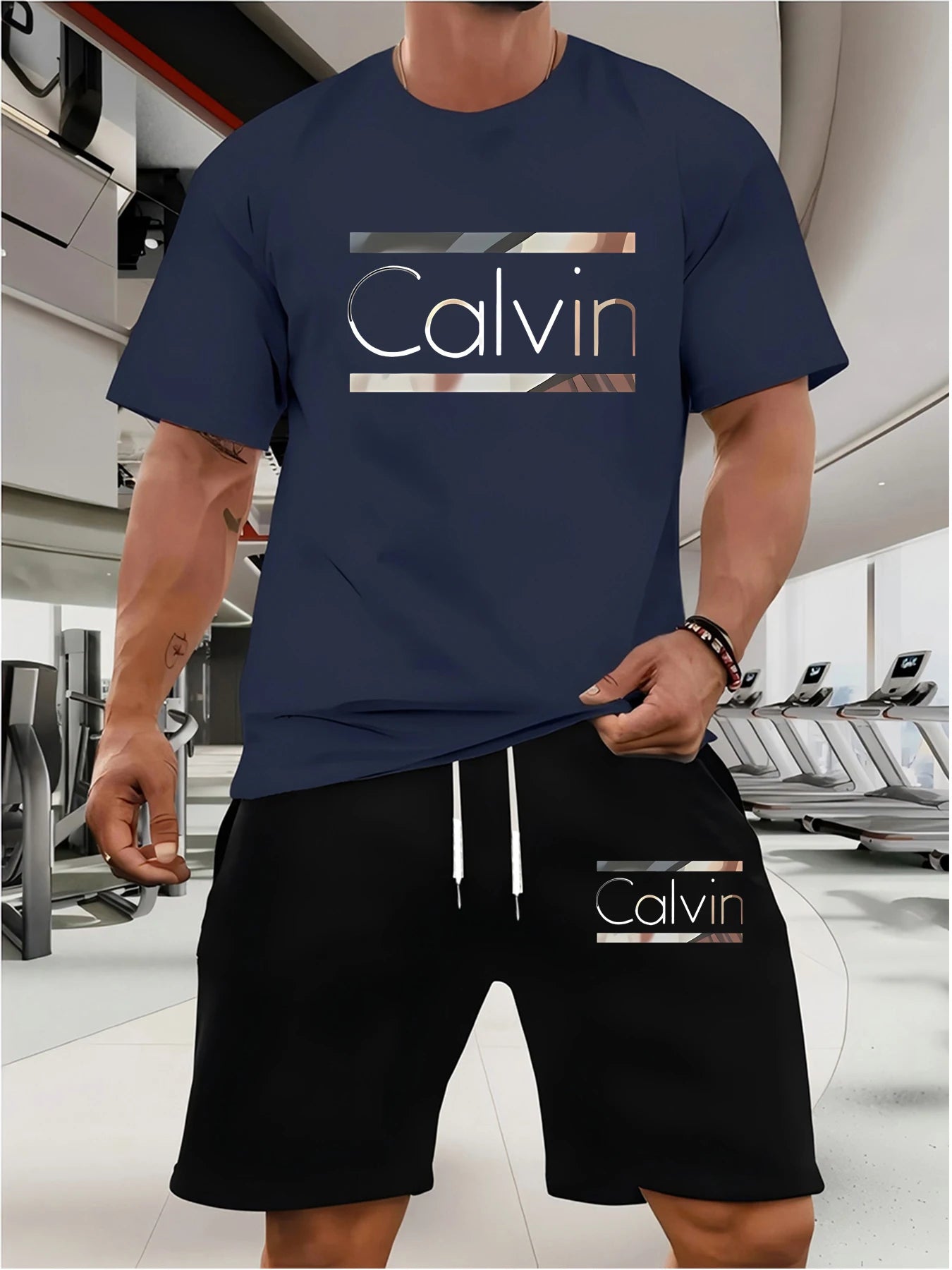 calvin  Men's new fashion summer sports printing crew-neck Mesh surface T-shirt shorts short-sleeved suit Loose two-piece set