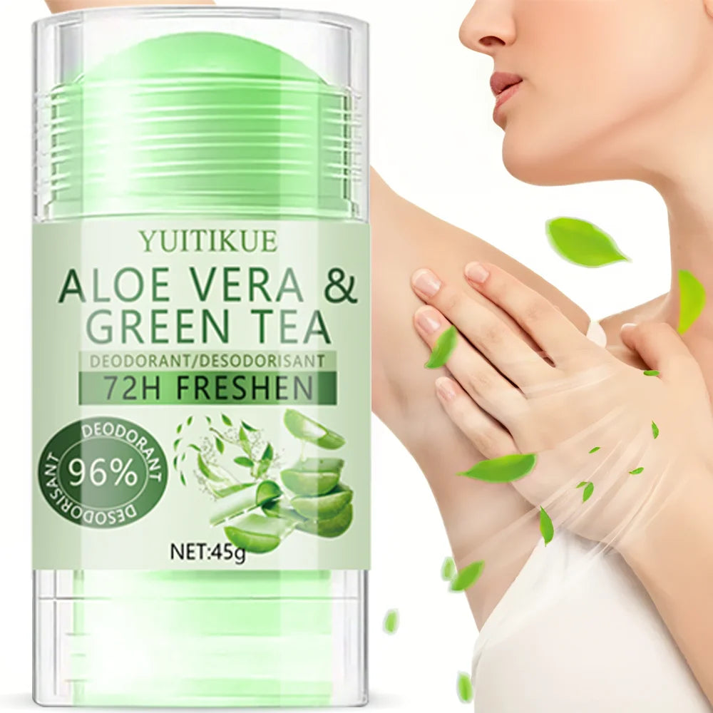YUITIKUE Aloe & Green Tea Deodorant 45g - 72H Whole Body Fresh, 96%! Odor Control, 3-in-1 Care for Odor, Sweat & Skin