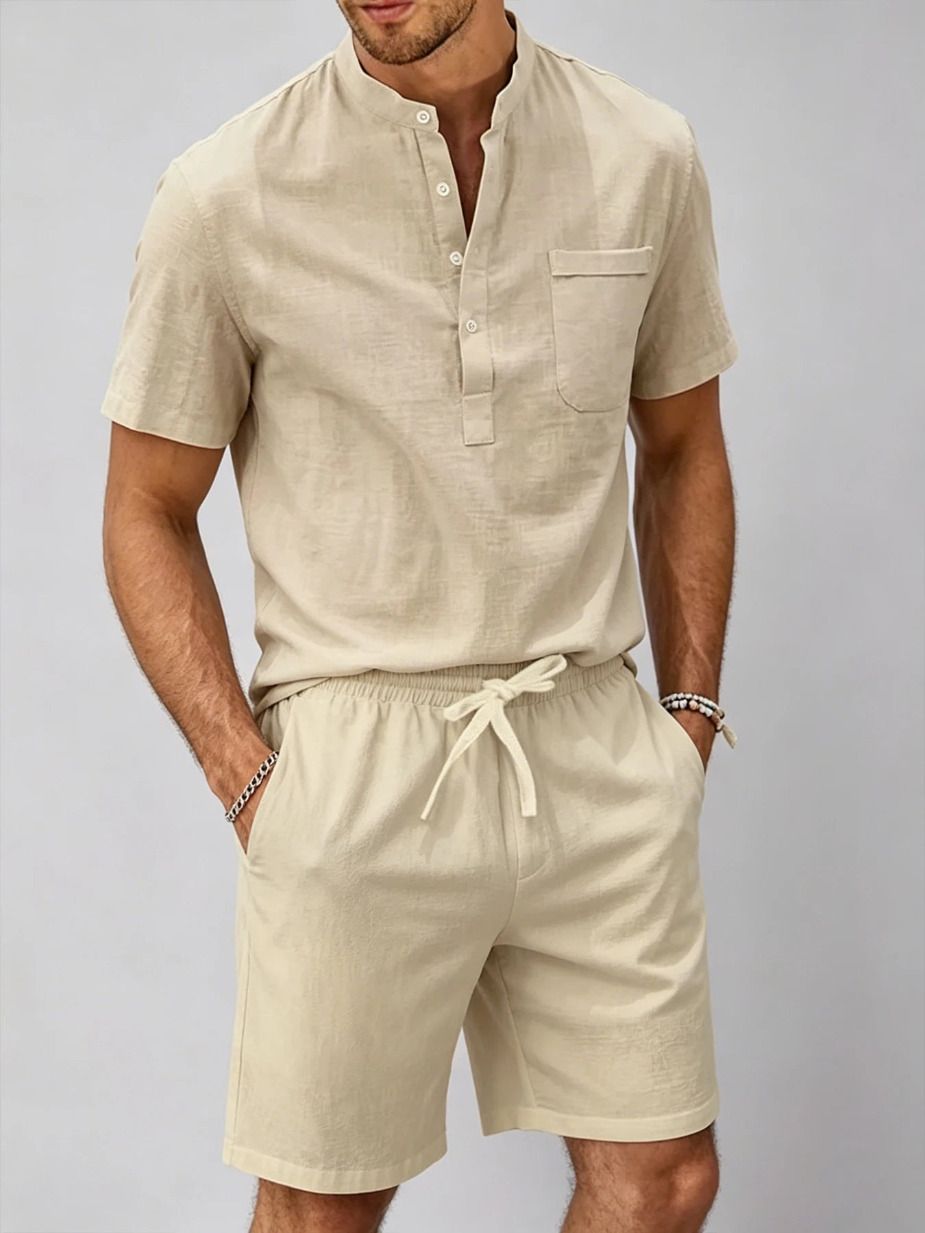 mens cotton linen 2 piece set v neck henley t shirt drawstring shorts breathable casual summer beach outfit