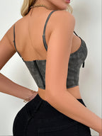 Women's sexy retro smoke gray suede fishbone strapless low neck top