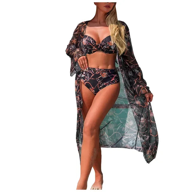 Womens High Waisted Bikini Sets Sporty Three Piece Swimsuits Color Block High Cut Bathing Suits New High Elastic Bikini Set