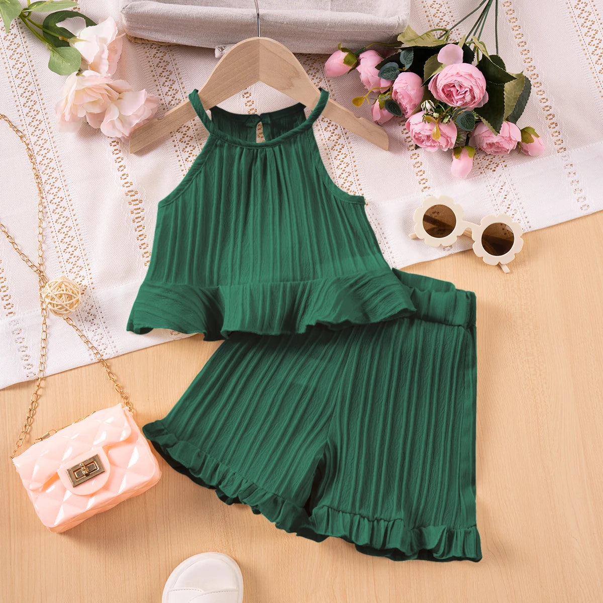 2025 New Girls' Summer Fashion Sets Sleeveless Ruffle Tank Top & Shorts Solid Color Two-Piece Outfit for Toddler Girls